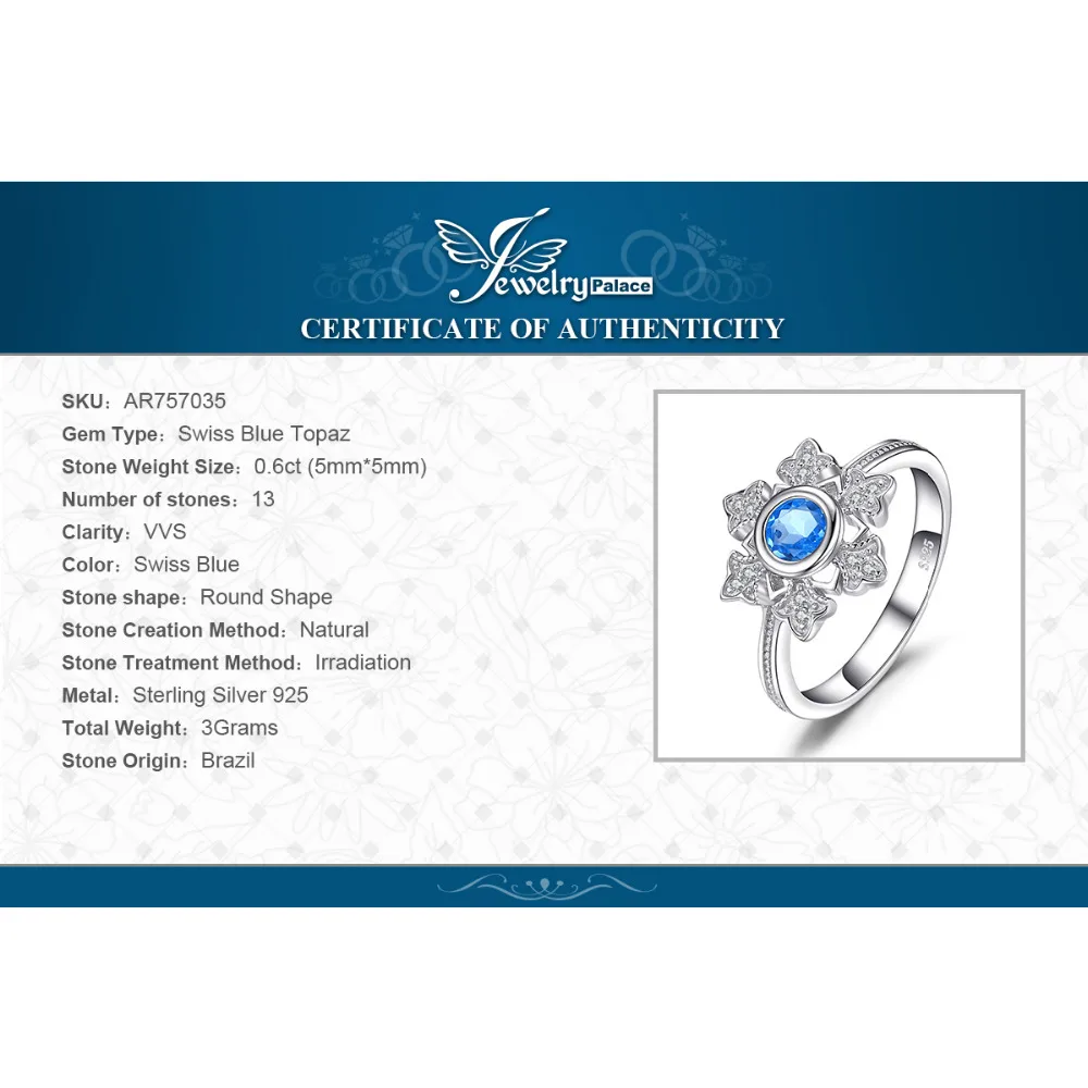 Jewelrypalace Снежинка 0.6ct натуральной голубой топаз коктейльное кольцо 925 украшений