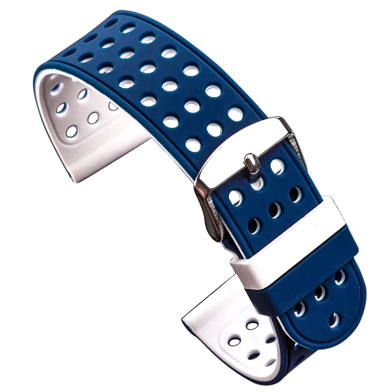 Blue and White Силиконовые резиновые Ремешки для наручных часов 18 мм 20 мм 22 мм 24 мм женские и мужские модные двухцветные дышащие Ремешки для наручных часов аксессуары для часов - Цвет ремешка: Blue and White