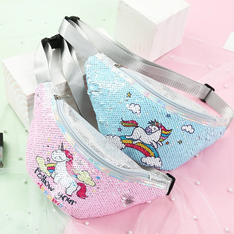 

Girl Polyester Lovely Unicorn Waist Bag Student Phone Pocket Adjustable Belt Sequin Cartoon Pillow Chest Shoulder Bag For Women