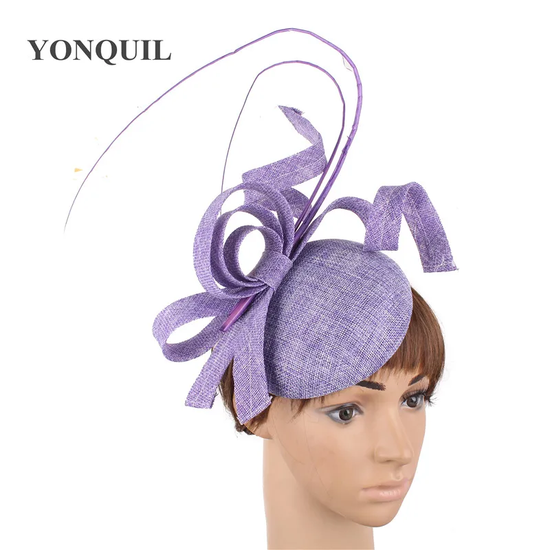 Светло-фиолетовый Champagne imitation sinamay fascinator ladies wedding hats royal floral with feathers headwear hair clips occasion church event - Цвет: Светло-фиолетовый