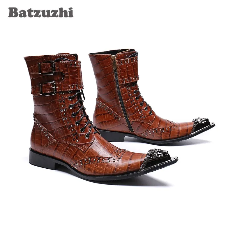 Мужские ковбойские ботинки Batzuzhi черные/коричневые из натуральной кожи в