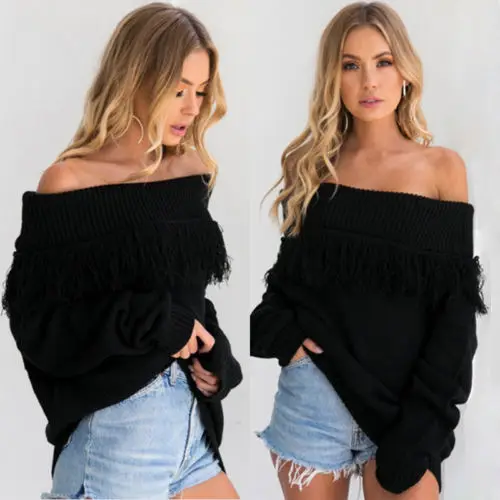 

Womens Long Sleeve Off Shoulder Knitted Sweater Pullover Knitwear Tops Ladies Women Sexy Long Sleeve Brief Sweaters Top