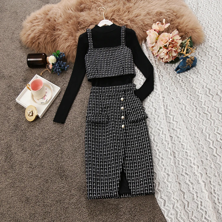 New round neck lantern sleeves knit lace shirt wool vest woolen Fashion Clothes Plaid Ladies bag hip skirt three-piece suit | Женская