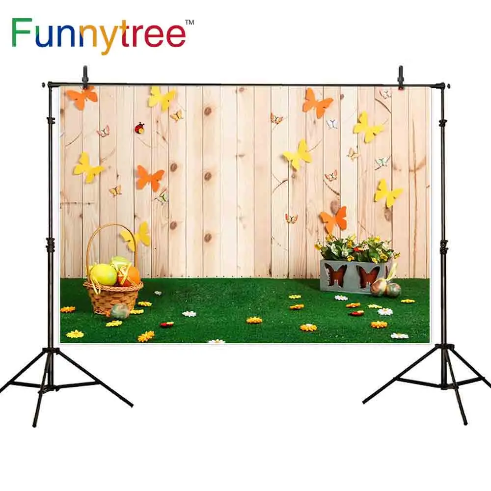 

Funnytree Easter backdrop photophone wood butterfly eggs flowers spring kid photo studio backgrounds photobooth photocall prop