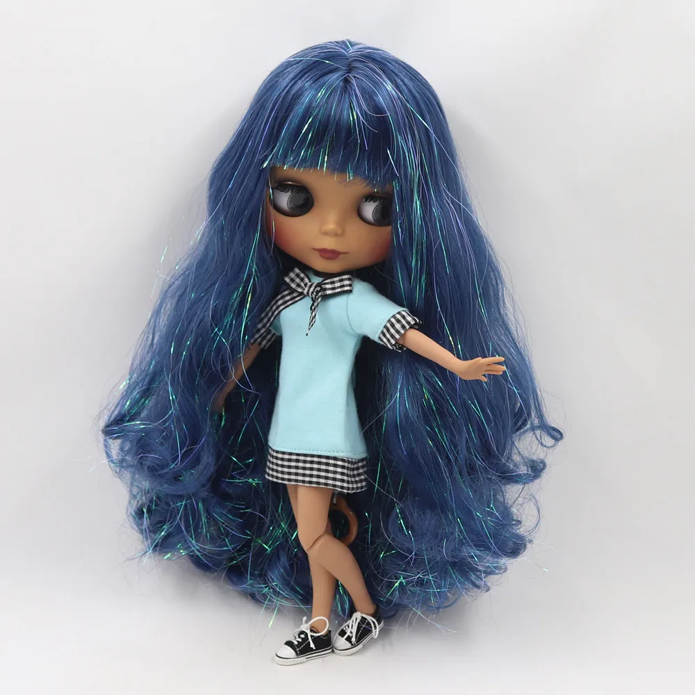 Ледяной DBS Blyth кукольные 1/6 bjd с темной кожи сияющей голубые волосы и матовый