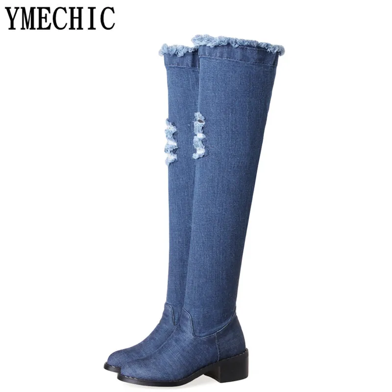 Женские длинные джинсовые сапоги YMECHIC выше колена с дырками на каблуке синие