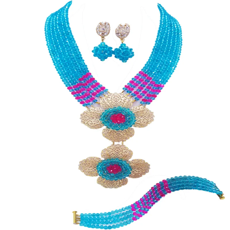 

Blue and Fuchsia Pink Nigerian Wedding African Beads Jewelry Set Crystal