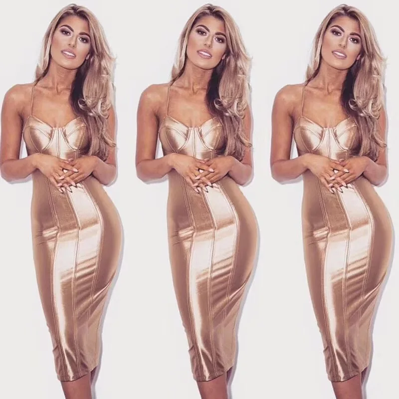Высококачественное золотистое модное облегающее Платье До Колена Сексуальное