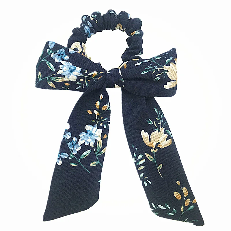 1 шт. хлопок Лук Scrunchies цветок полоса печати эластичная лента для волос девочки, Женская прическа, крепление для женщин лук резинка для волос головной убор - Цвет: Navy Blue