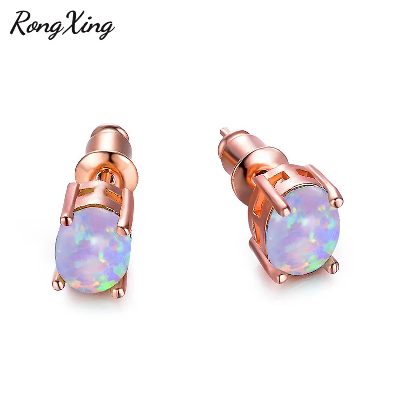 RongXing маленькие овальные белые огненные серьги заполненные розовым золотом для