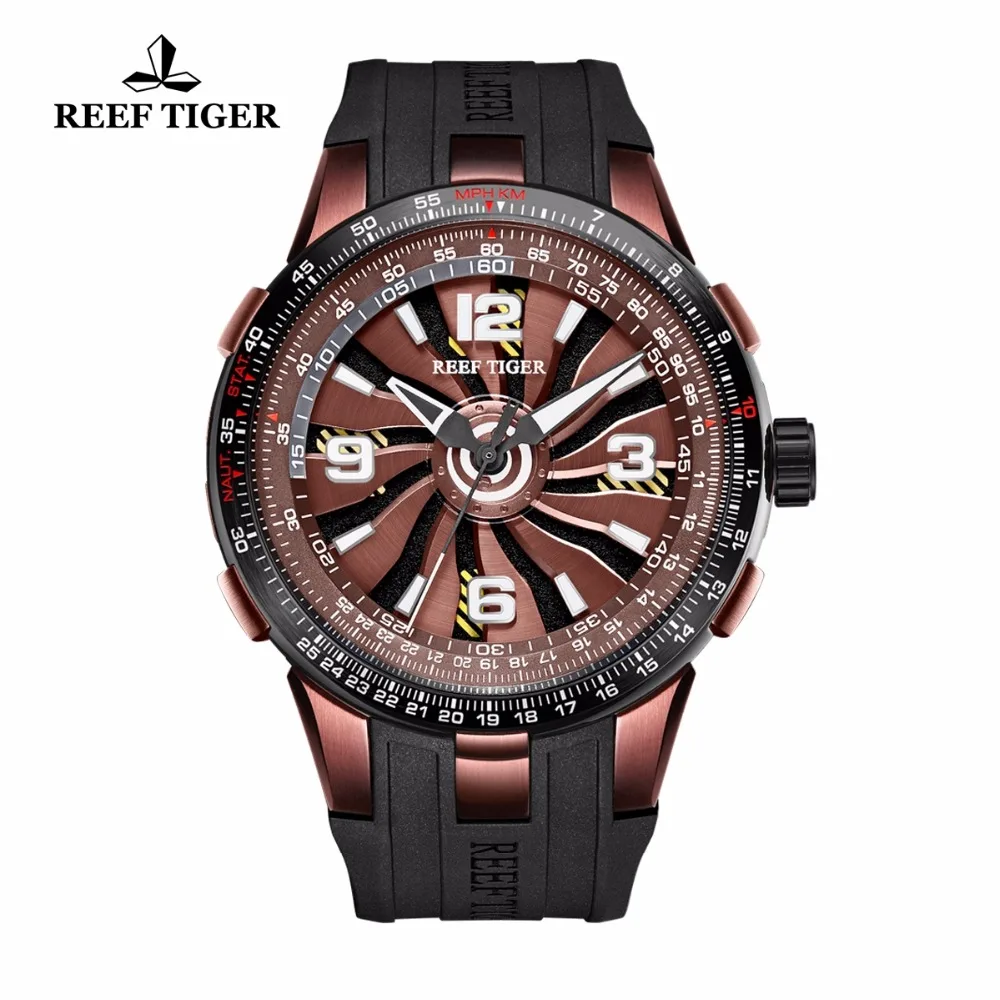 Дизайн Reef Tiger/RT поворотные пилотные часы мужские коричневый циферблат спортивные часы с резиновым ремешком автоматические часы RGA3059