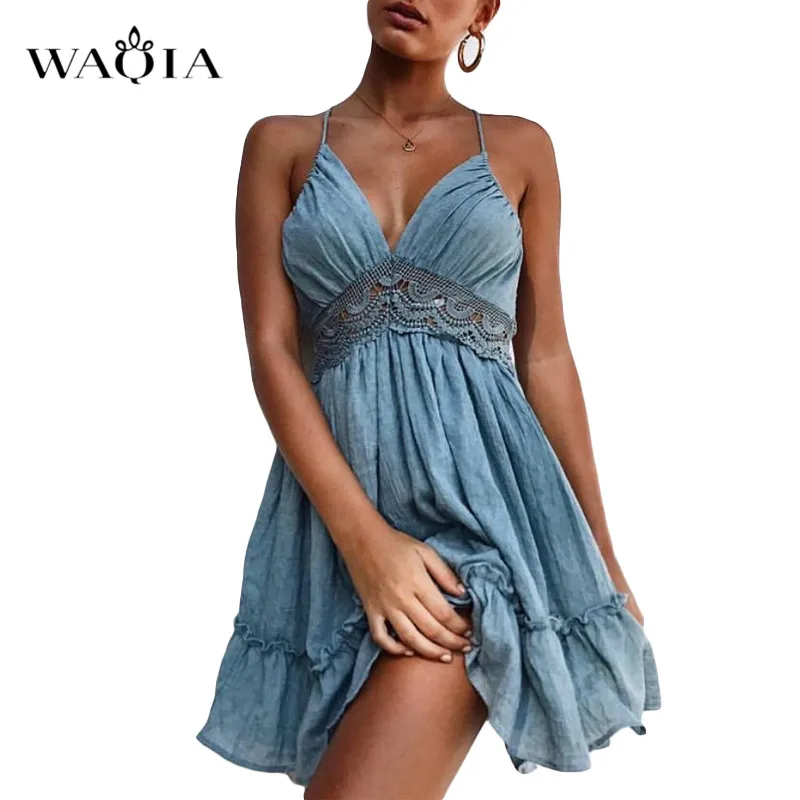 WAQIA Лето Boho платья Для женщин без рукавов с открытой спиной сексуальное
