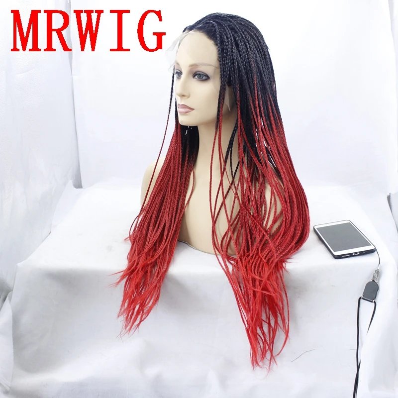 MRWIG 1b # Ombre красный волос плетеный ящик косы парик бесплатная часть темные корни