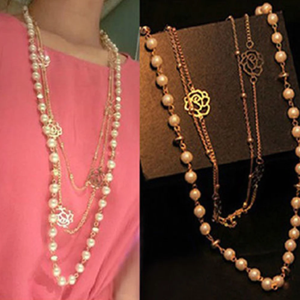 Корейский стиль женщин многослойное длинное жемчужное ожерелье кулон свитер