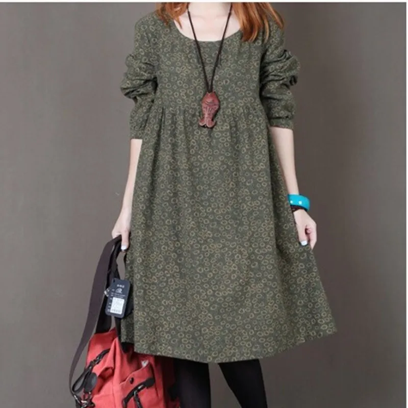 Модное платье "Цветочный принт осеннее" из хлопка и льна с длинным рукавом для женщин в стиле винтаж.