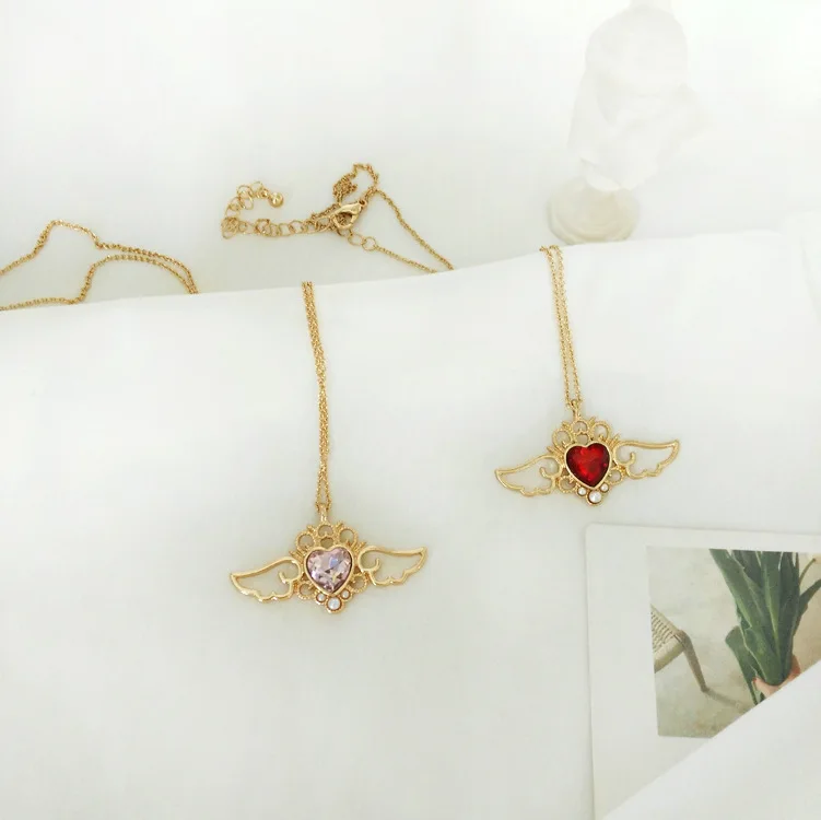 Женское колье с кристаллами в форме сердца подвески-крылья ангелом аниме Сейлор