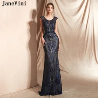 janevini sparkle sequins navy blue long evening dresses 2019 scoop neck cap sleeves mermaid sweep train women formal party gowns