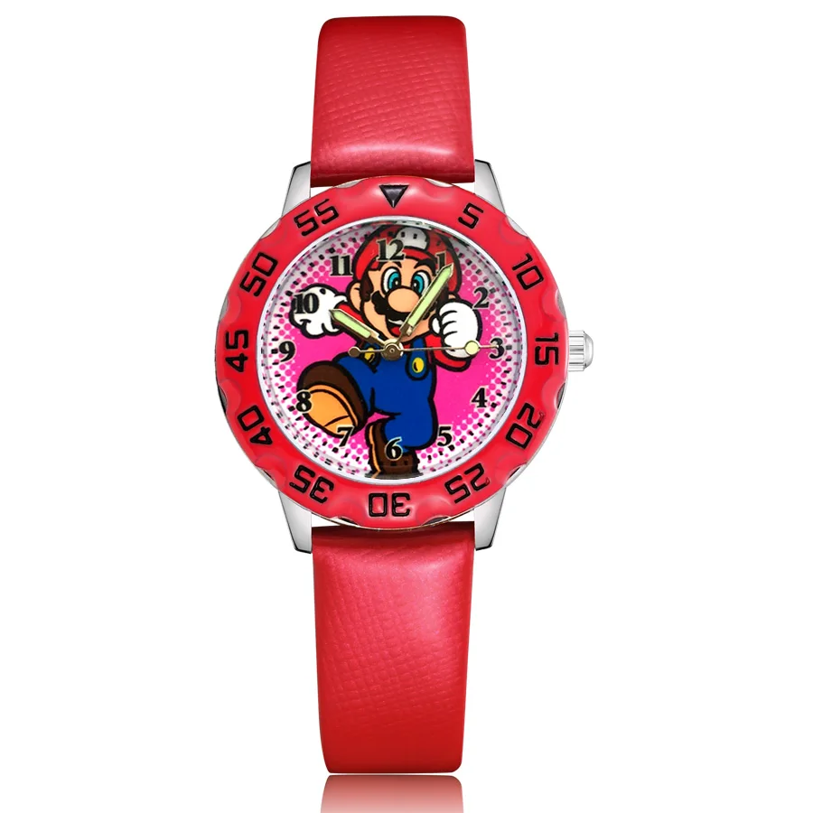 Модные милые детские часы в стиле Марио кварцевые кожаные Наручные для девочек и