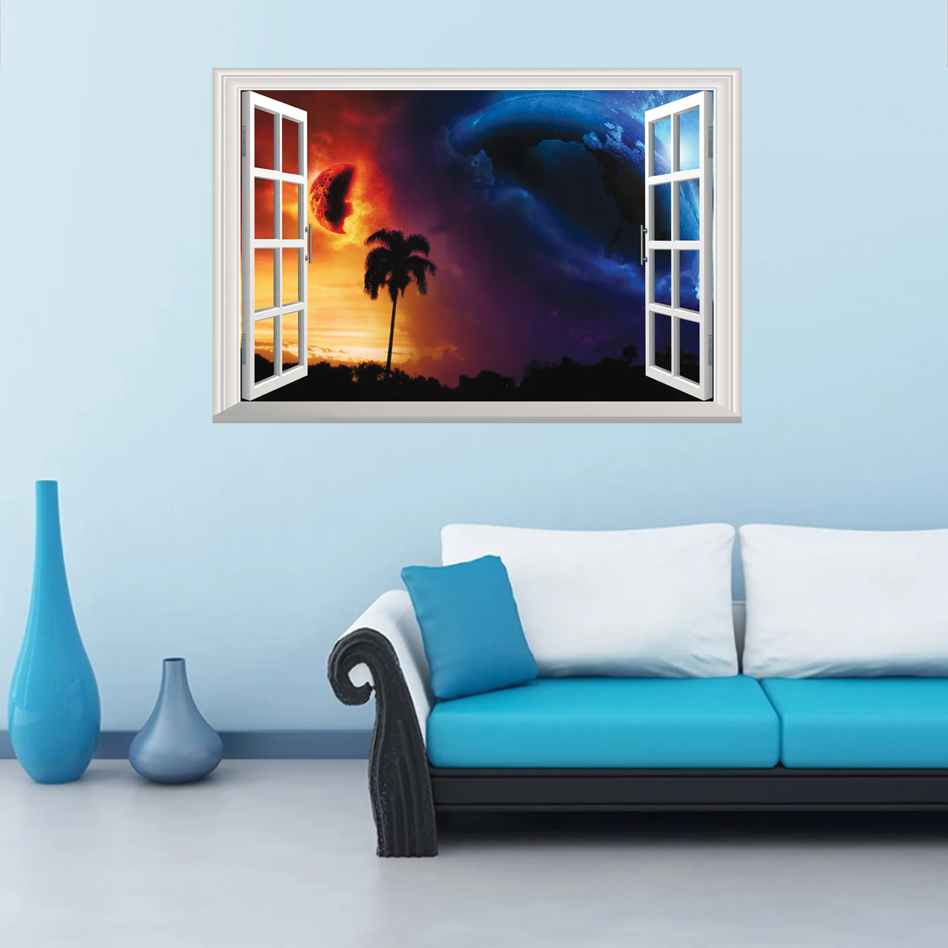 3D Fake Window Planet Crash View Mural Removable Wall Decals Sticker Decor landscape 3 d wall stickers | Дом и сад