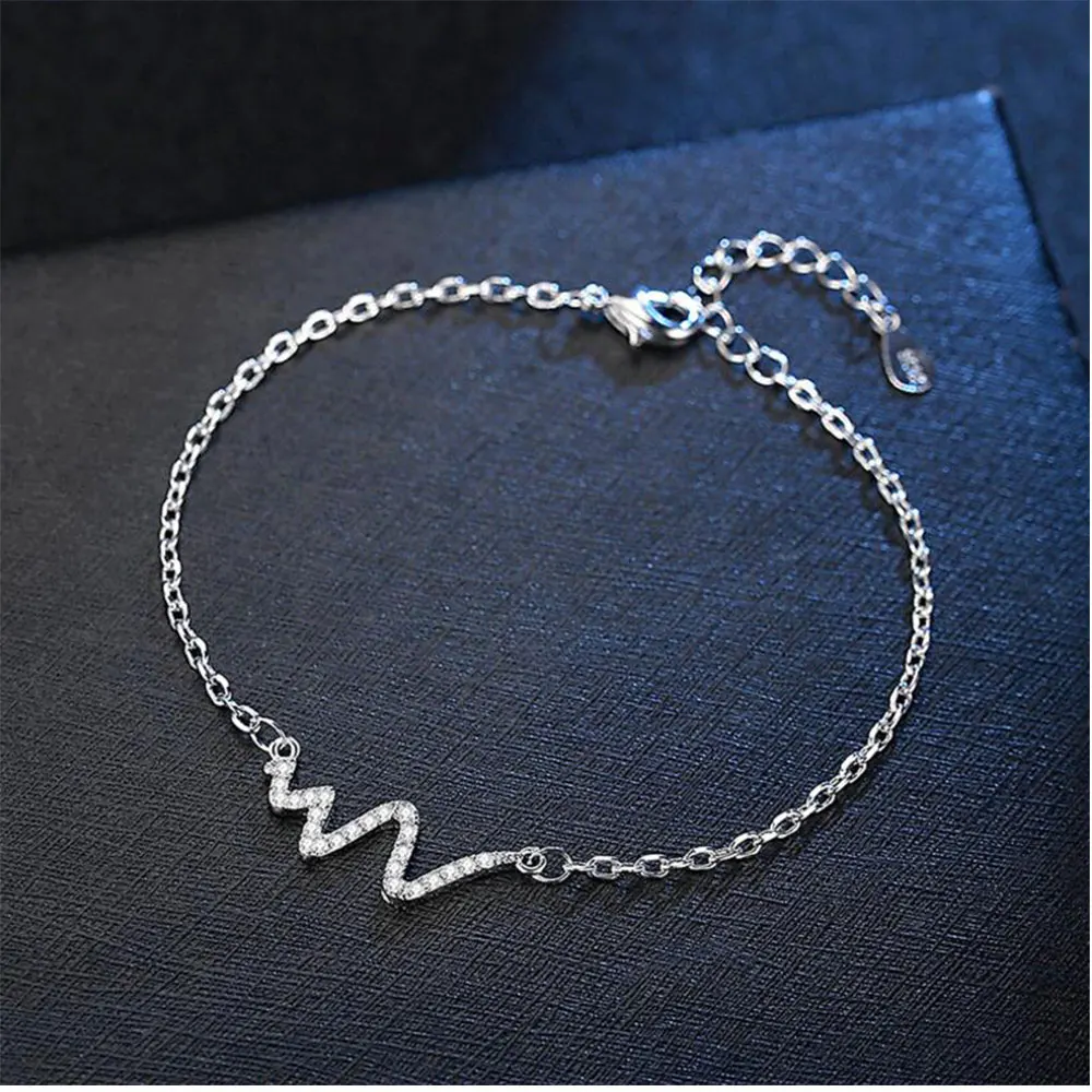 Женский браслет Anenjery серебряный с молнией простые браслеты в форме сердца ЭКГ и