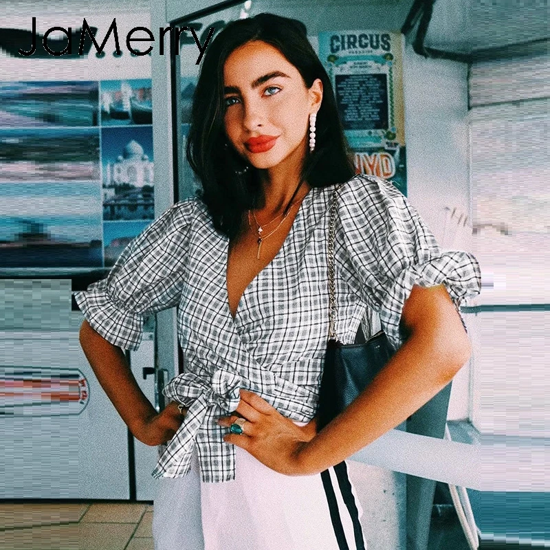 JaMerry винтажная Сексуальная клетчатая женская блуза рубашка Элегантная Пышный