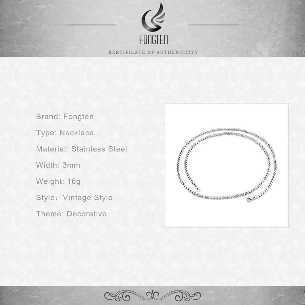 

Fongten Vintage Square Pearl Gothic Stainless Steel Box 3mm Link Chain Long Necklace For Men Jewelry Accessories