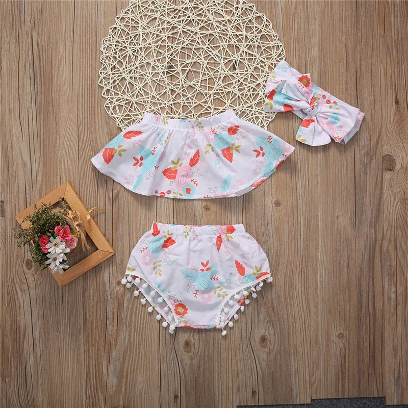 3Pcs Infant Baby Girl Floral Print Clothes Set Strapless Off Shoulder Crop Top Tassel Shorts Panties Headband 0-24M | Мать и ребенок
