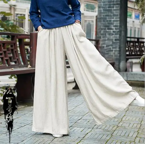 Женские льняные широкие брюки с эластичной резинкой на талии осенне-зимние