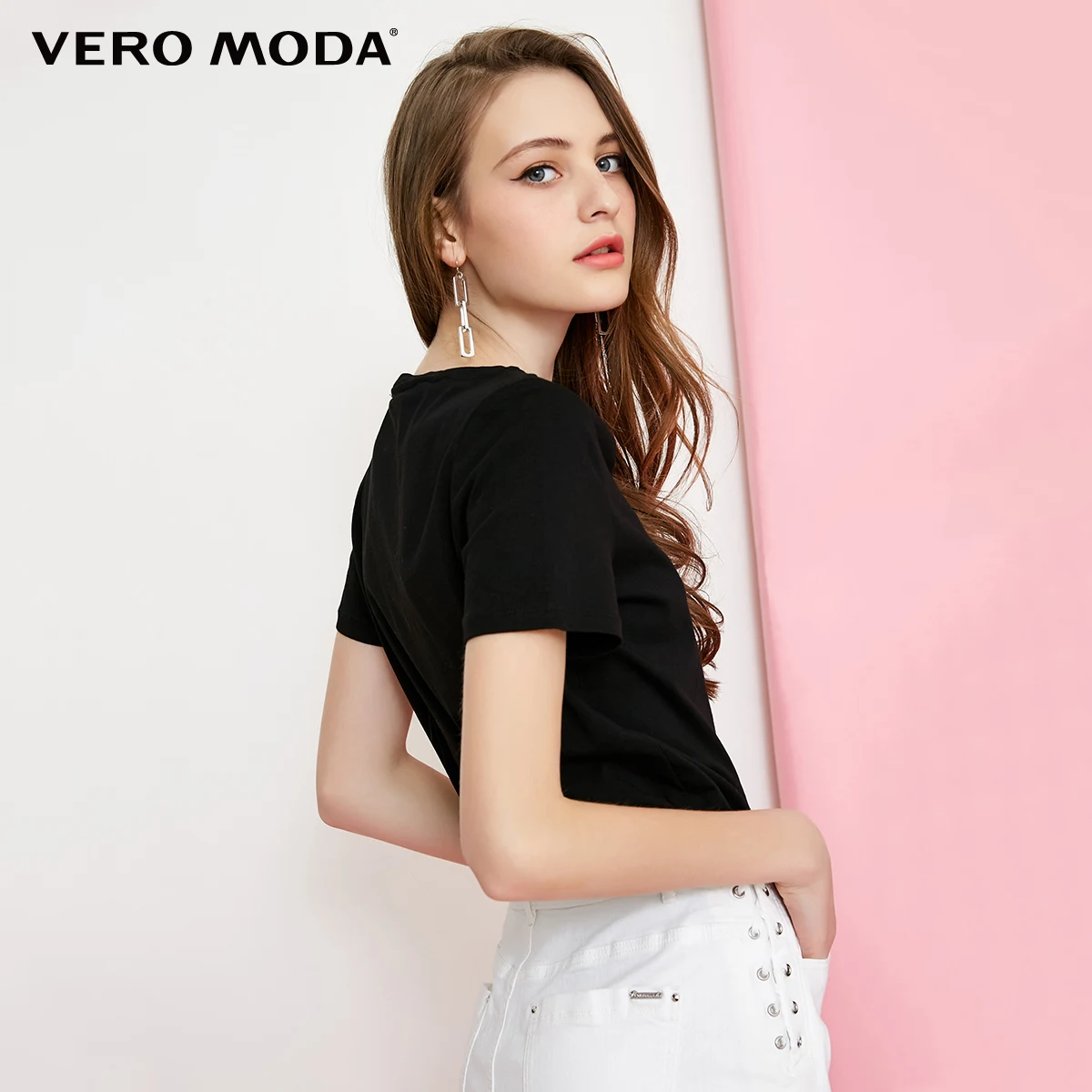 Vero Moda футболка женская 100% хлопок чистый цвет воротник Декоративная полоса