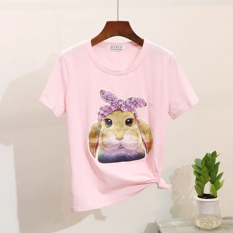 2019 Новая модная летняя футболка для женщин мультфильм печати блесток круглый