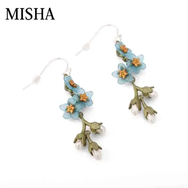 

MISHA New Retro Elegant art Not forgetting flowers Earrings simulation pearl Handmade Earrings Design Dangle Fine Jewelry 2572