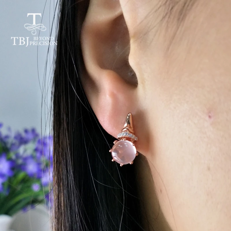 TBJ, натуральный круглый розовый кварц 8 мм 4ct драгоценный камень застежка серьги серебро 925 пробы розовое золото для девочек повседневная одежда Вечерние хороший подарок