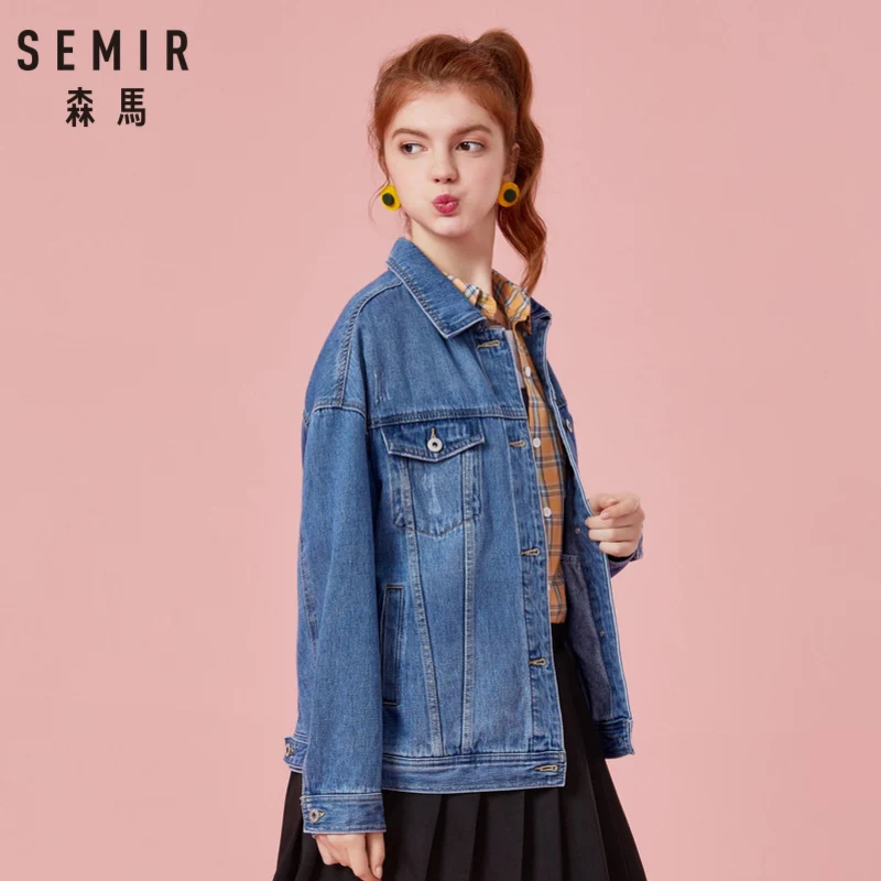 Женская джинсовая куртка SEMIR из хлопка с большим воротником, джинсовая куртка бойфренда с нагрудным карманом и косым карманом, шикарный стиль