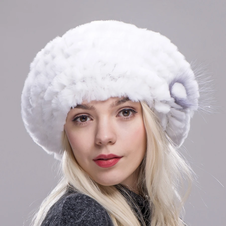 Женская вязаная шапка с натуральным кроличьим мехом FXFURS зимняя высокого