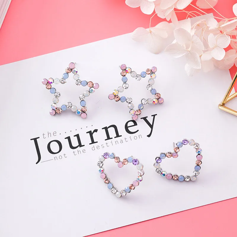 Modern Women's Earrings 2018 Simple Colorful Zircon Heart Star Women Stud Korean Fashion Cute Female Jewelry Accessorie | Украшения и