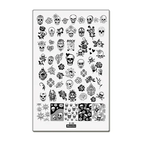 Большая прямоугольная пластина для стемпинга, с изображением черепа, розы, маникюр, Хэллоуин, штамп для дизайна ногтей, трафареты, инструменты, 9,5*14,5 см D09