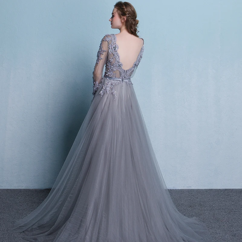Женское вечернее платье в пол Beauty Emily серое длинное с круглым вырезом и бусинами