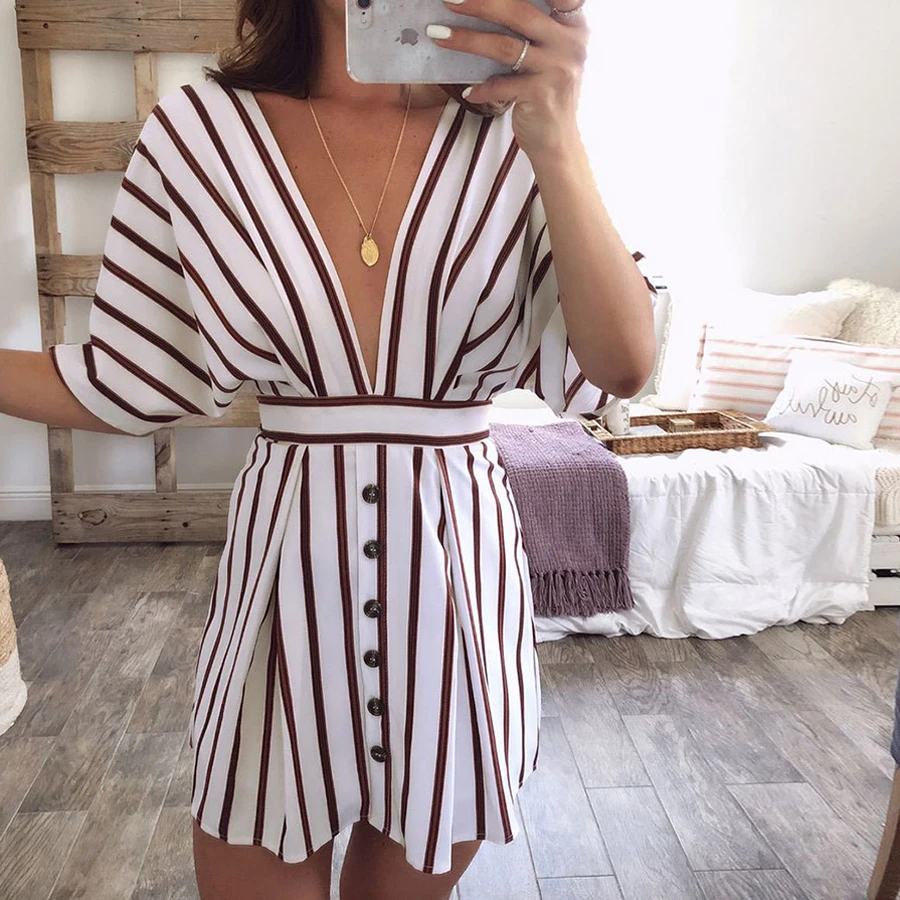 2018 взрыв Для женщин Sexy v-образным вырезом платье в полоску сзади ажурные кружева
