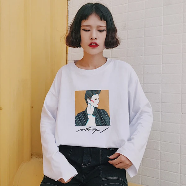 YouGeMan Poleras Mujer весна осень одежда Корейский Ulzzang Harajuku персонаж печати с длинным