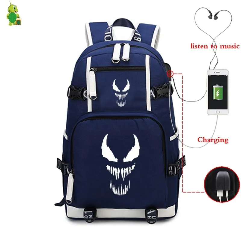 Venom Eddie Comics рюкзак с героем USB зарядка Женский Мужской рюкзак для ноутбука школьные сумки для девочек-подростков светящиеся большие дорожные сумки