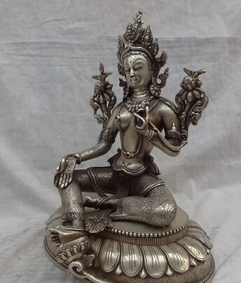 Free Shipping 002025 10&quot Tibet Silver Buddhist Style Bronze Lotus Green Tara Buddha Statue Sculpture | Дом и сад