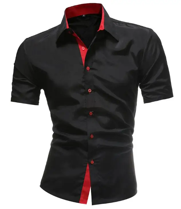 Black red Unpadupe бренд Мужская рубашка сплошной цвет платье рубашка короткий рукав Slim Fit Camisa Masculina повседневные мужские Гавайские рубашки 4XL - Цвет: Black red