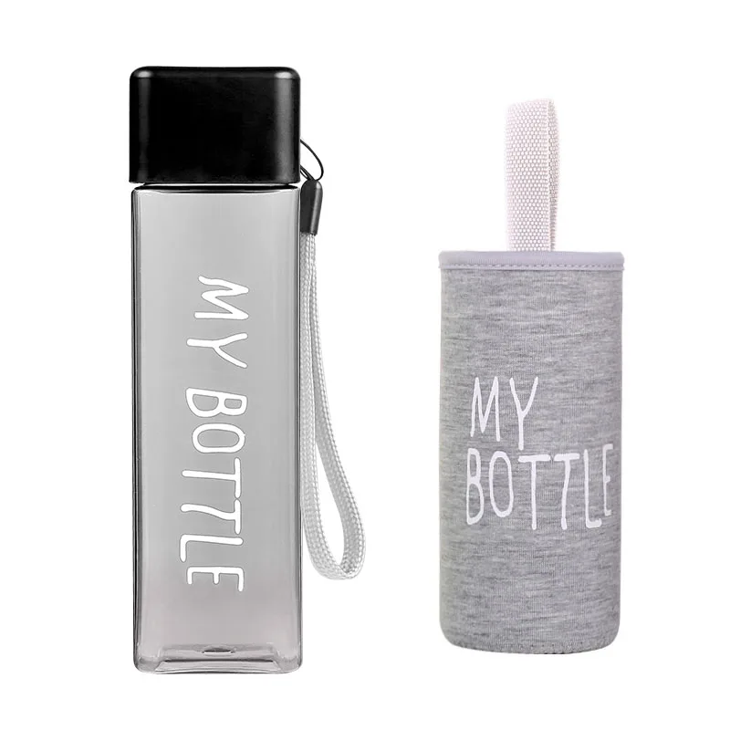 black and sleeve Новая квадратная пластиковая бутылка My bottle 500 мл для бутылок с водой для питья с веревкой, прозрачная или матовая Спортивная, корейский стиль, термостойкая - Цвет: black and sleeve