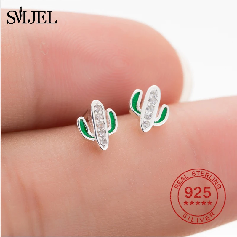 SMJEL 100% 925 Sterling Silver White &amp Green Cactus Stud Earrings for Women Earring Jewelry Christmas Gift Bijoux | Украшения и