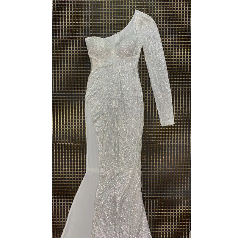 Женское коктейльное платье Элегантное Длинное серебристое с блестками и