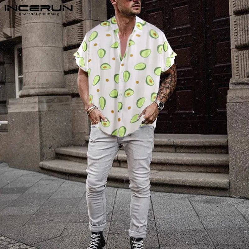 INCERUN Summer Avocado Print Men Shirt Turn-down Collar Short Sleeve Casual Beach Hawaiian Shirts Men Streetwear Camisa 2022 5XL