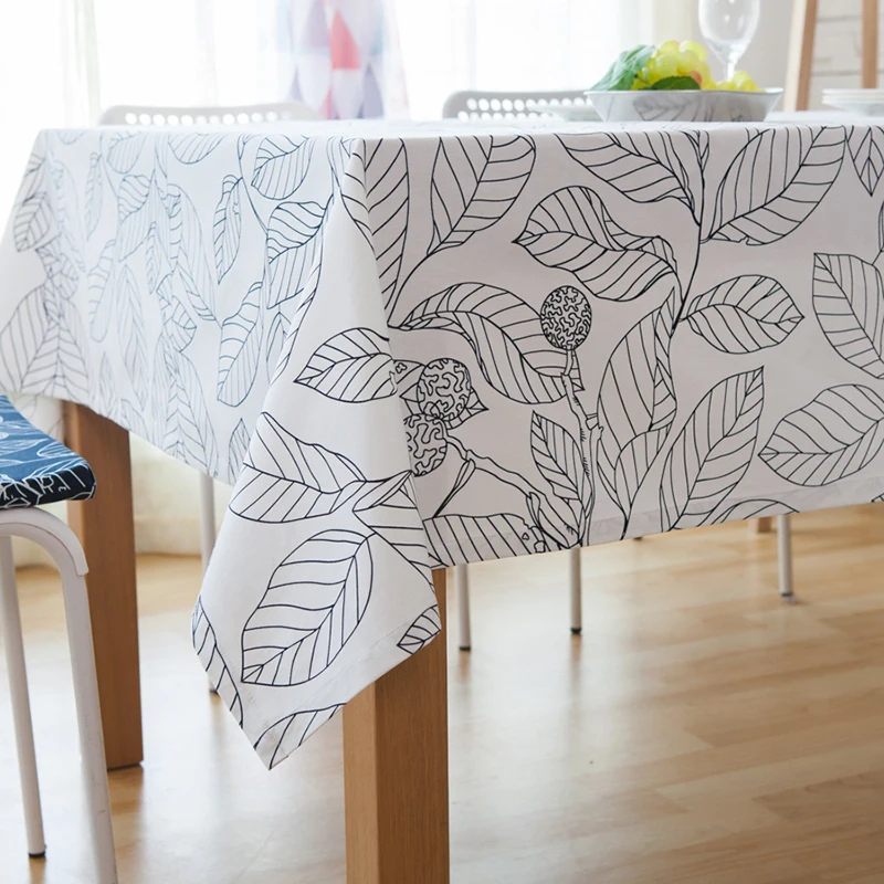 Льняная скатерть для кофейного столика клетчатая с листьями деревьев цветочным