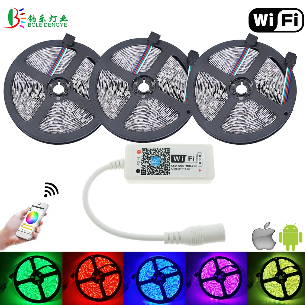 5050 RGB Светодиодная лента 5 м wifi светодиодный гибкий скотч Fita не водонепроницаемый 10 м 20 м 15 м комплект RGB Беспроводное управление смартфон управление Лер