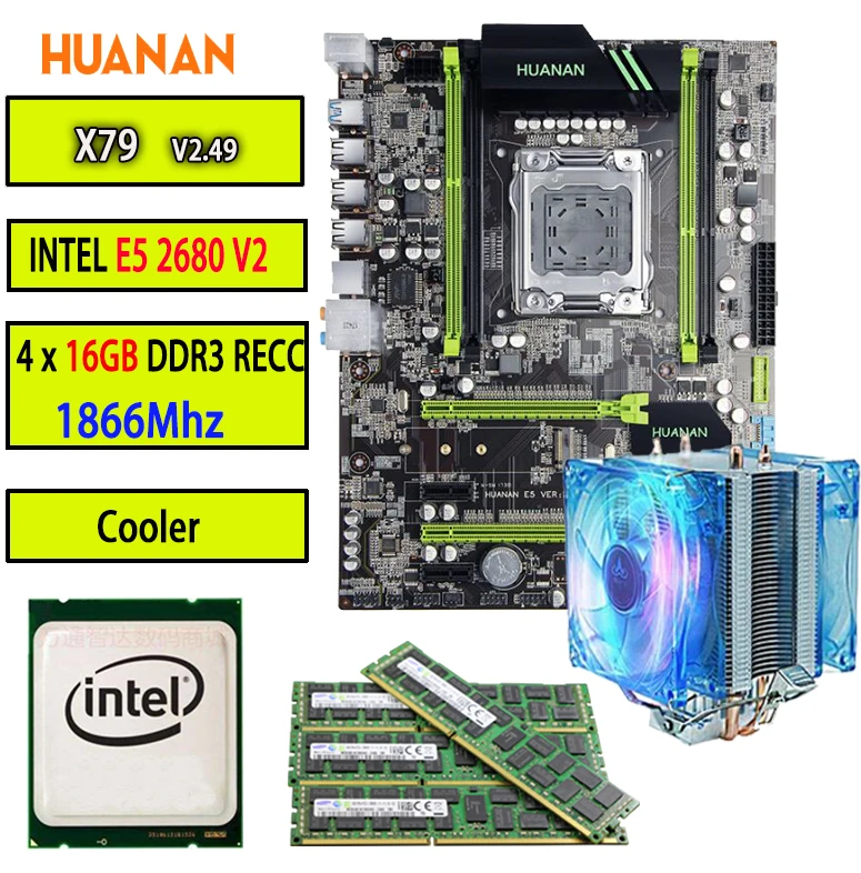 HUANAN zhi golden V2.49 X79 материнская плата LGA2011 ATX CPU E5 2680 v2 SR1A6 4x16G 64 Гб 1866 МГц с кулером USB3.0 PCI-E M.2 SSD