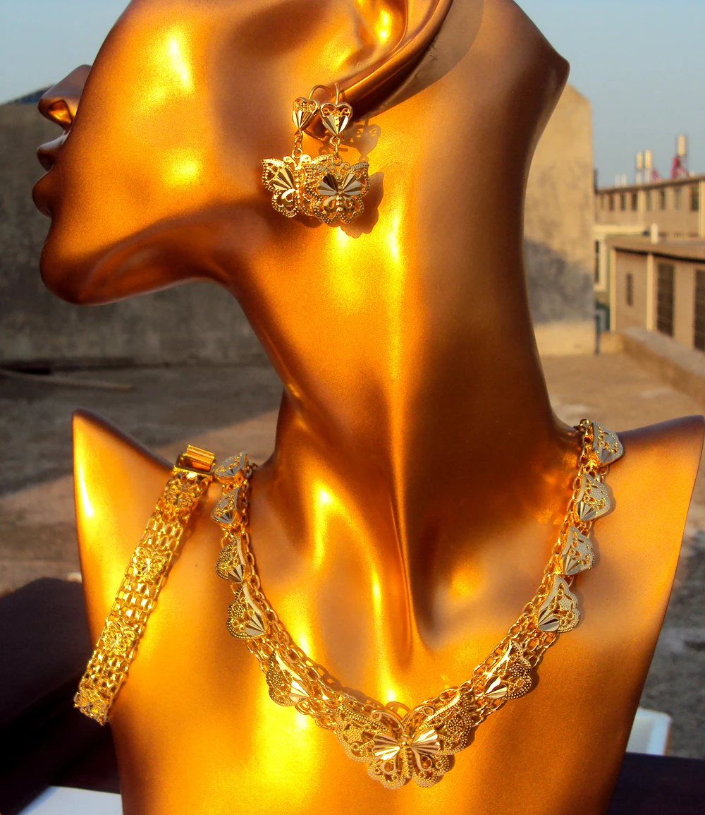 Красивая бабочка кулон ожерелье браслет серьги 3 шт наборы 24 K хорошее Желтое